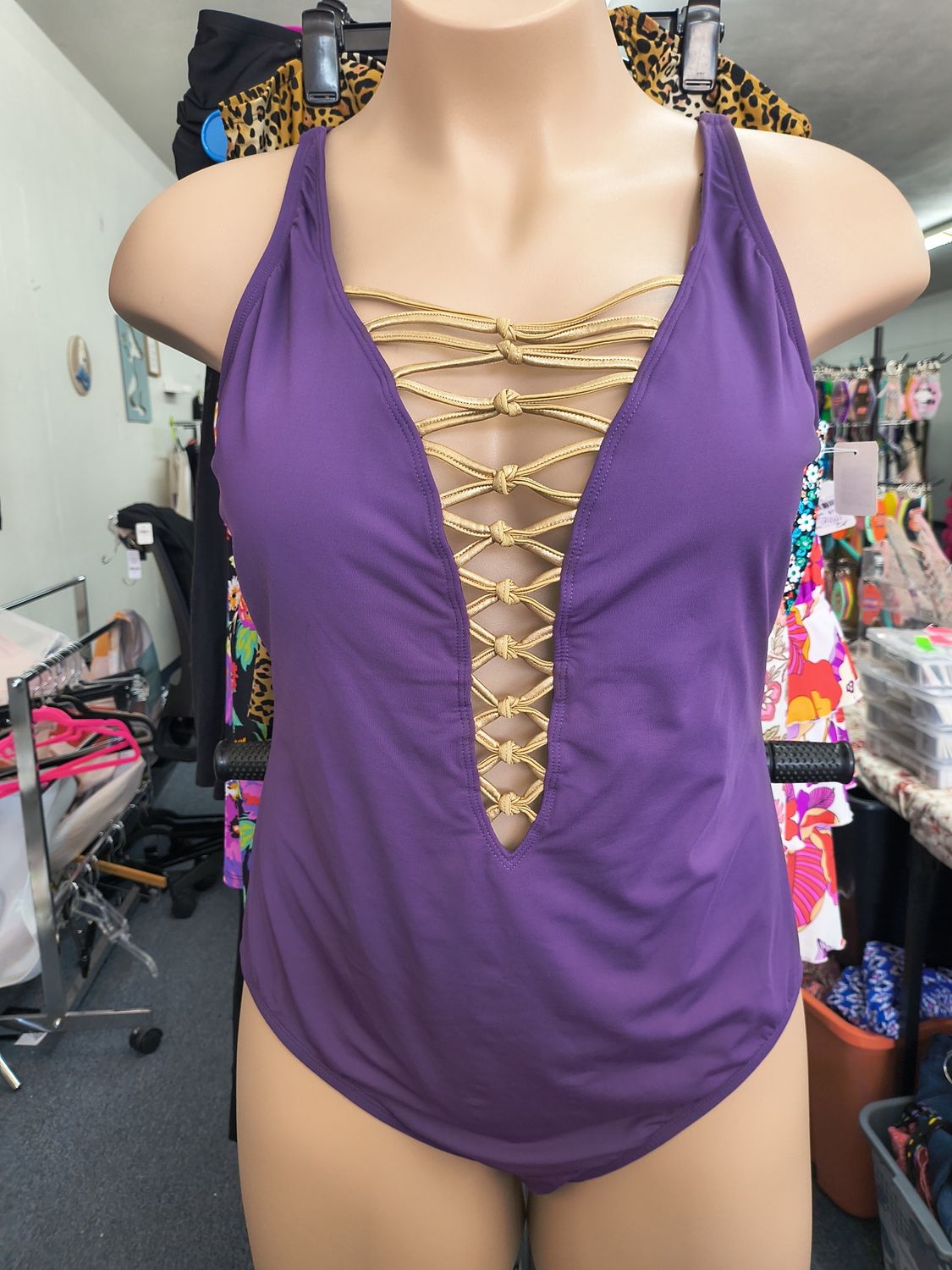 18w 2x Bleu Rod Beattie purple gold strappy swimsuit