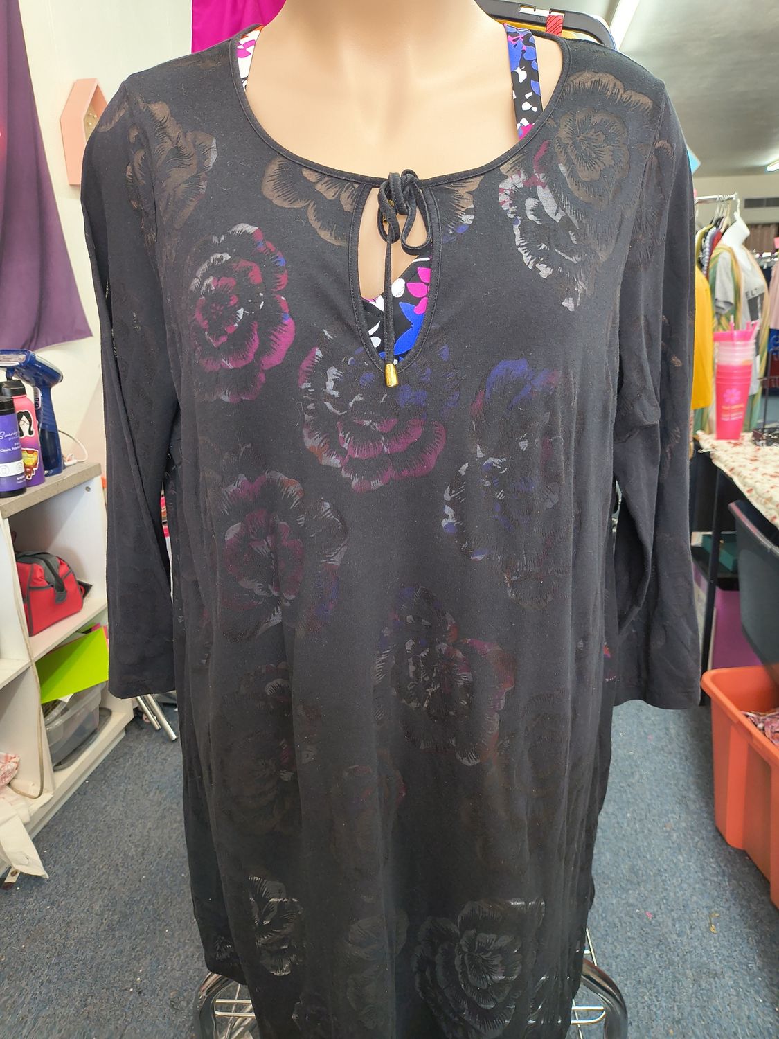 2x Tropical Escape long sleeve black floral swim coverup