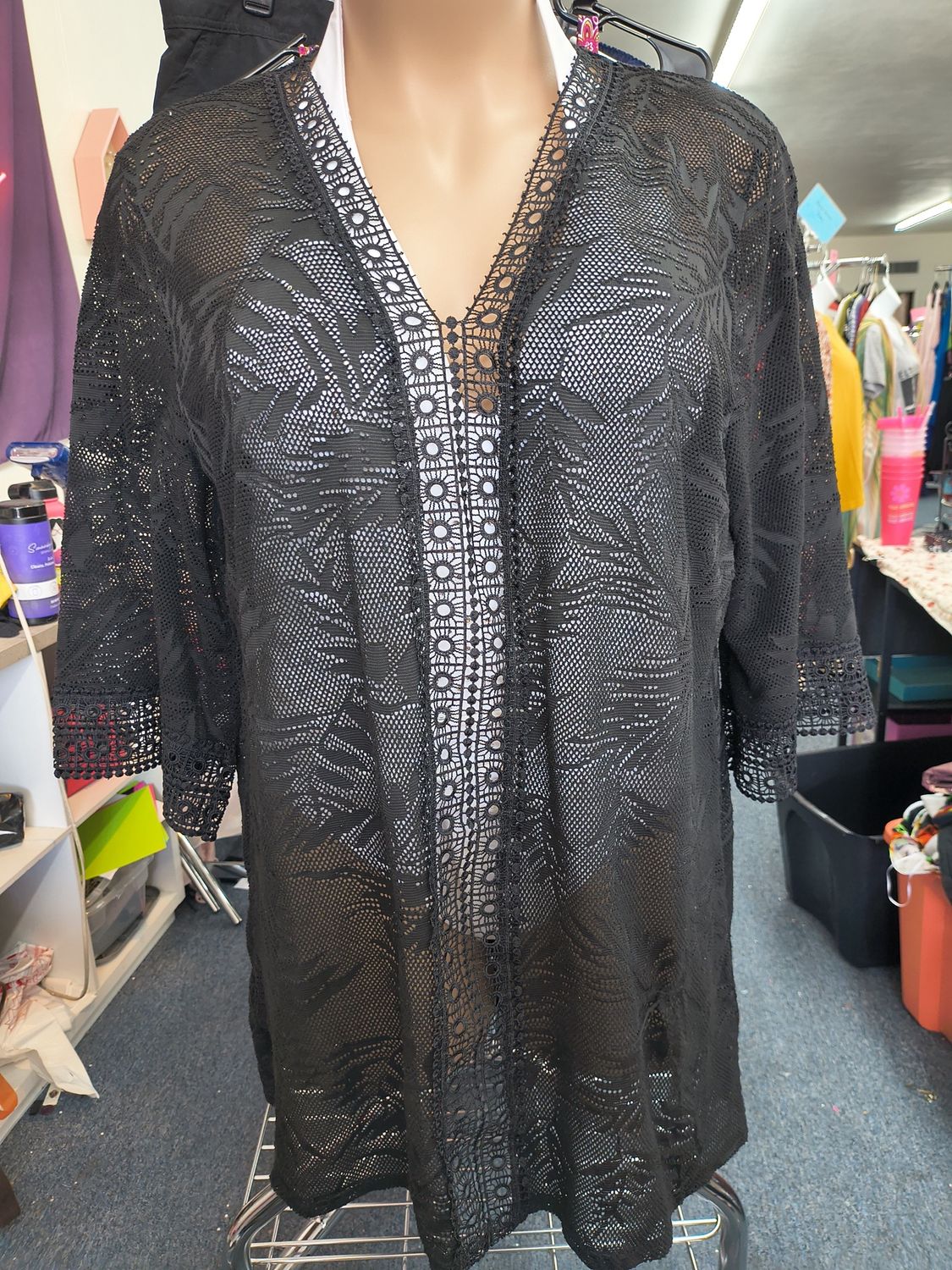 2x Black long sleeve semi sheer swimsuit coverup