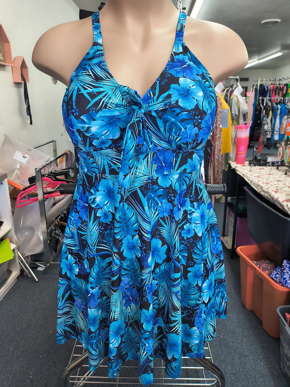 3x Floral blue one piece swimsuit with skirt