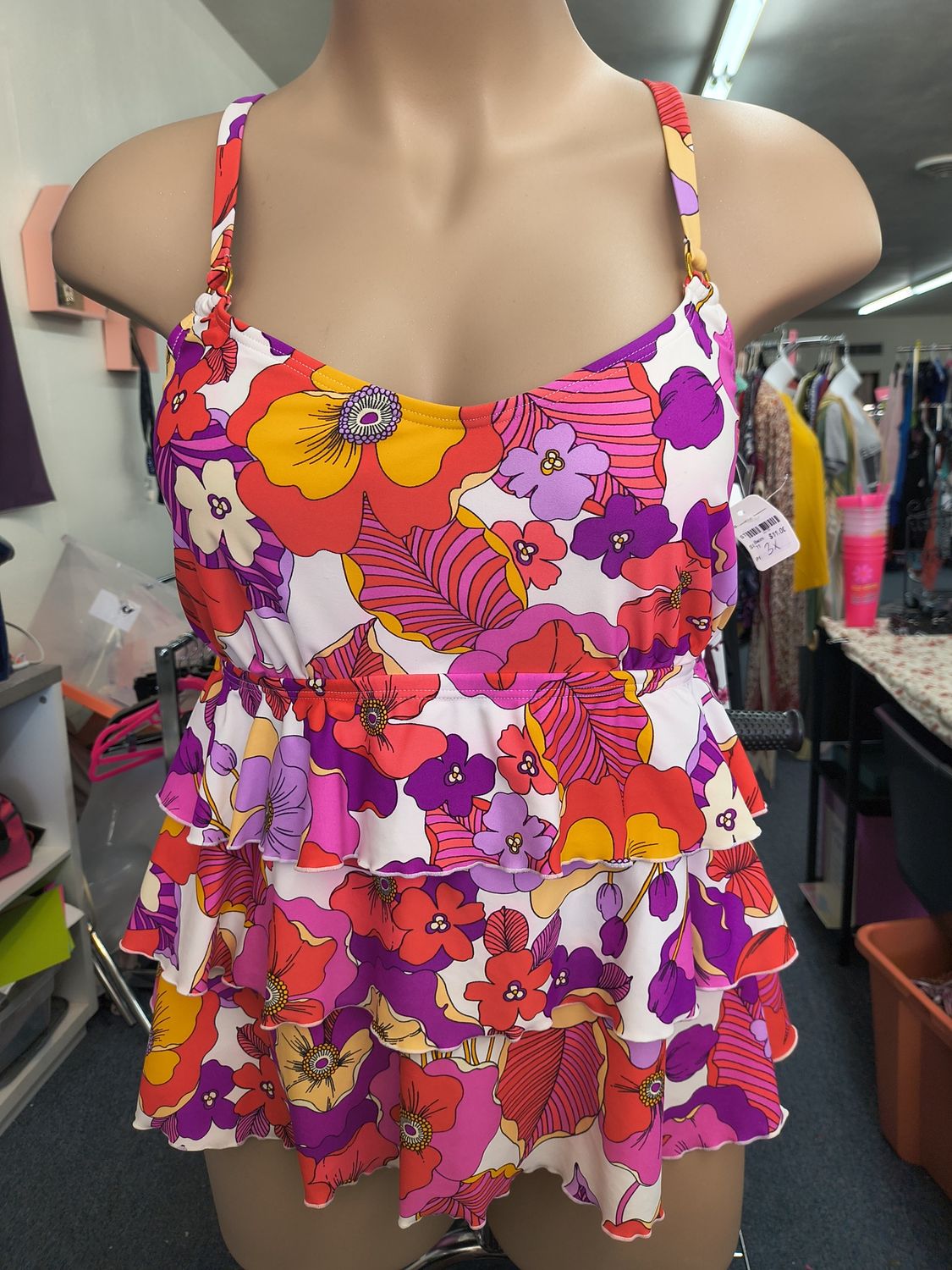 3x Island Escape floral tankini swimsuit top tiers