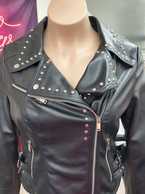 XL Chelsea DeBoer black faux leather biker jacket