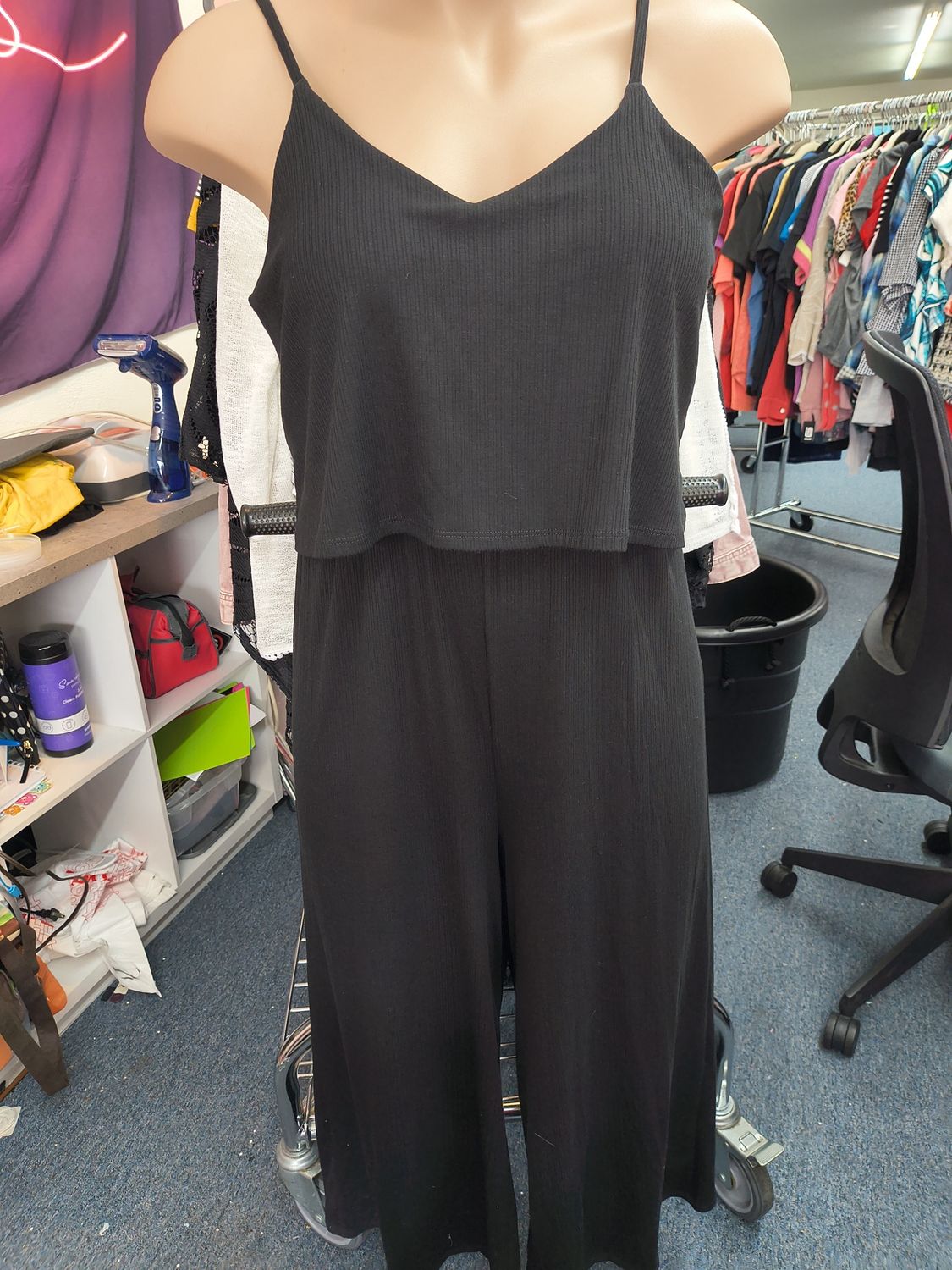 1x Zenana ribbed ruffle overlay black jumpsuit
