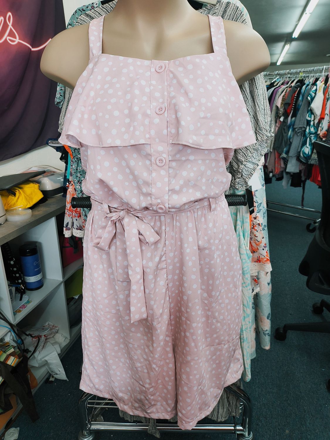 3x Marie Nicole pink polka dot ruffle romper with belt