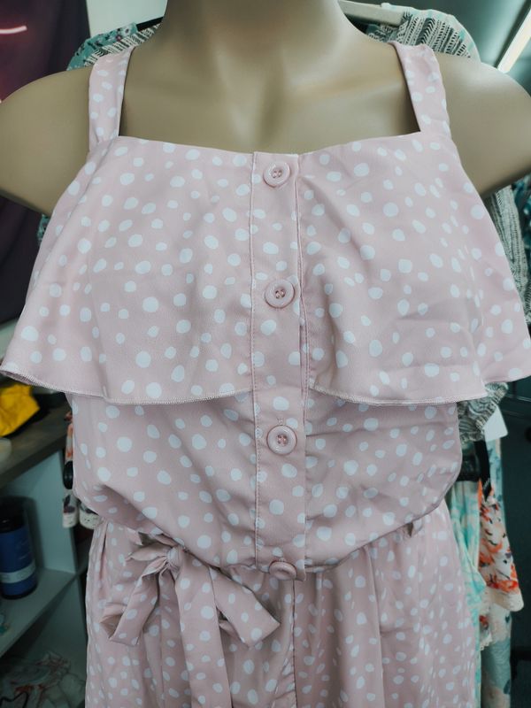 3x Marie Nicole pink polka dot ruffle romper with belt