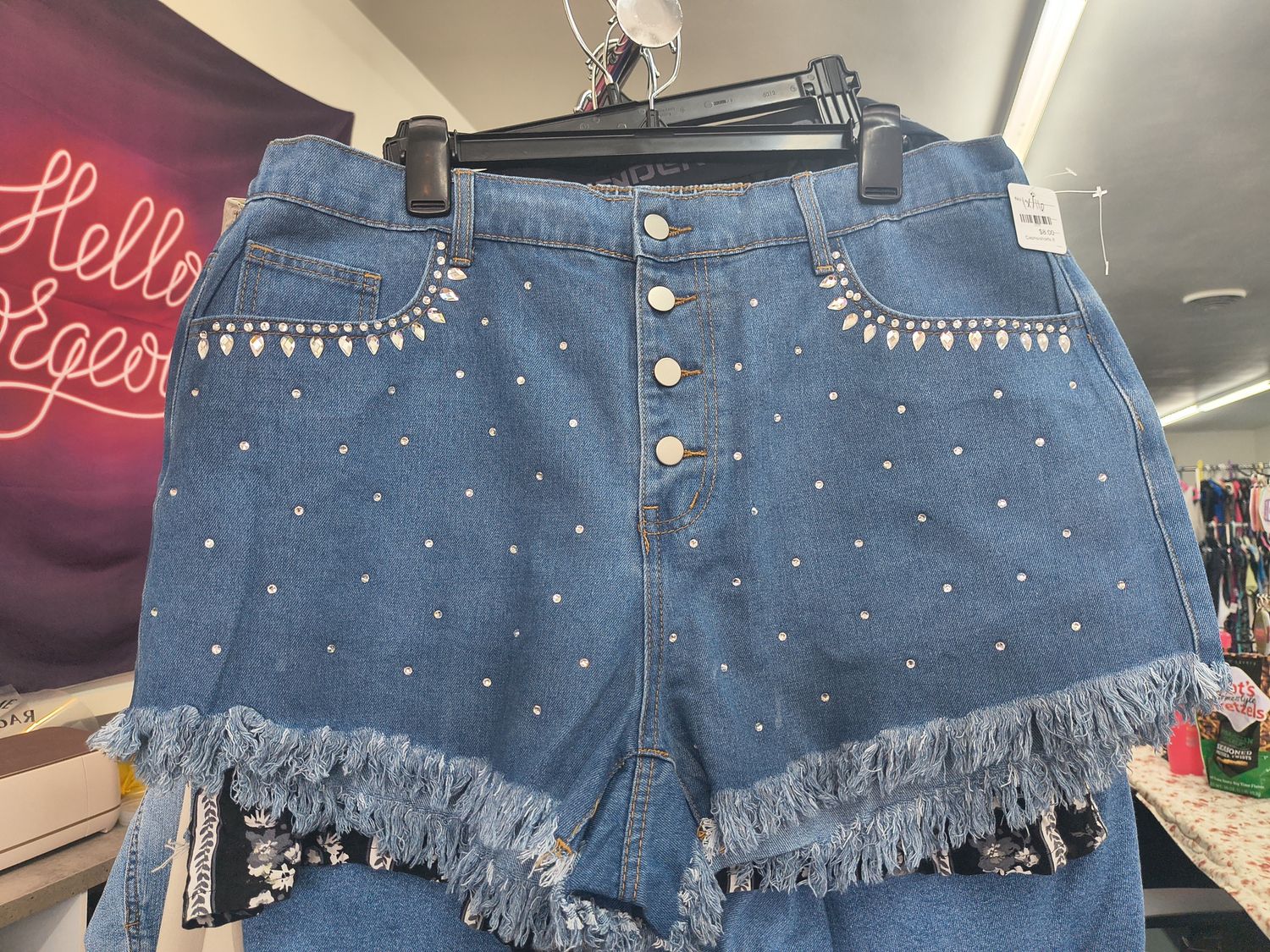 1x 16 Shein Curve frayed hem short shorts with bling