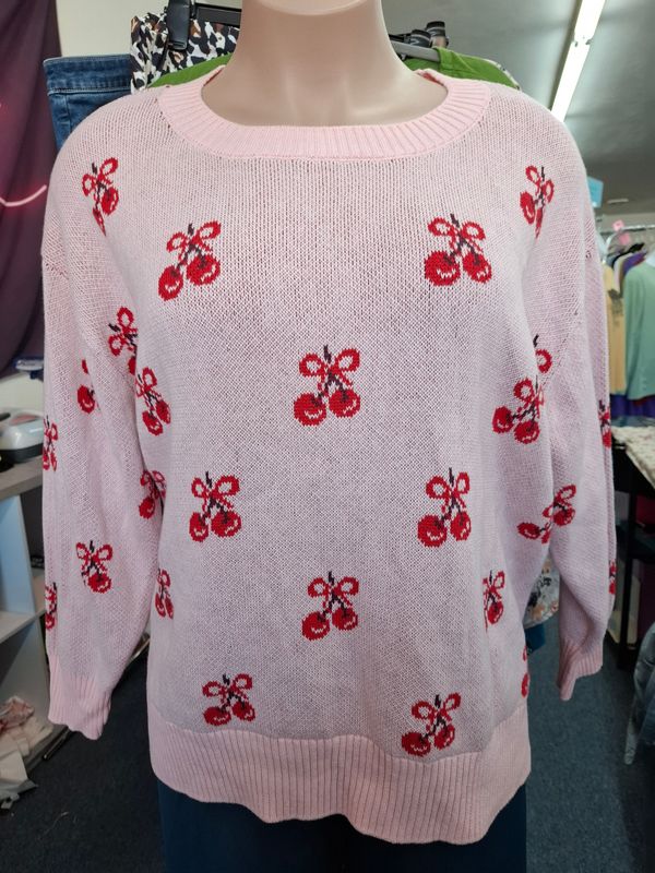 3x Dip pink red cherry print sweater girly coquette