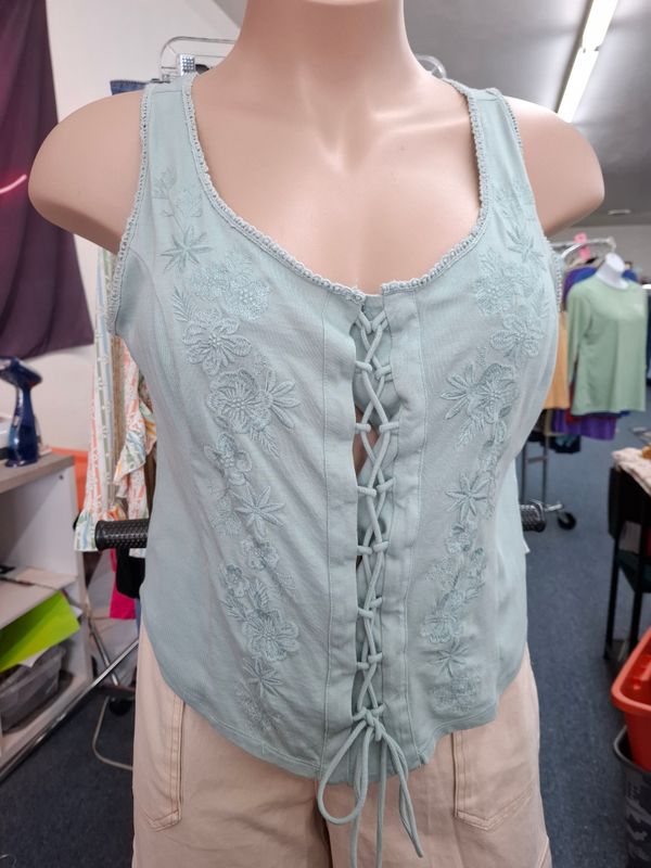 XL Rock &amp; Roll Denim blue knit corset bustier tie front top