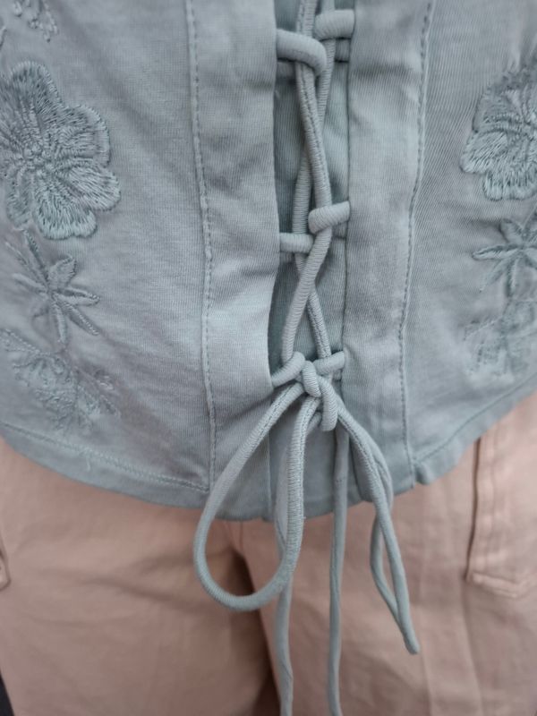 XL Rock &amp; Roll Denim blue knit corset bustier tie front top