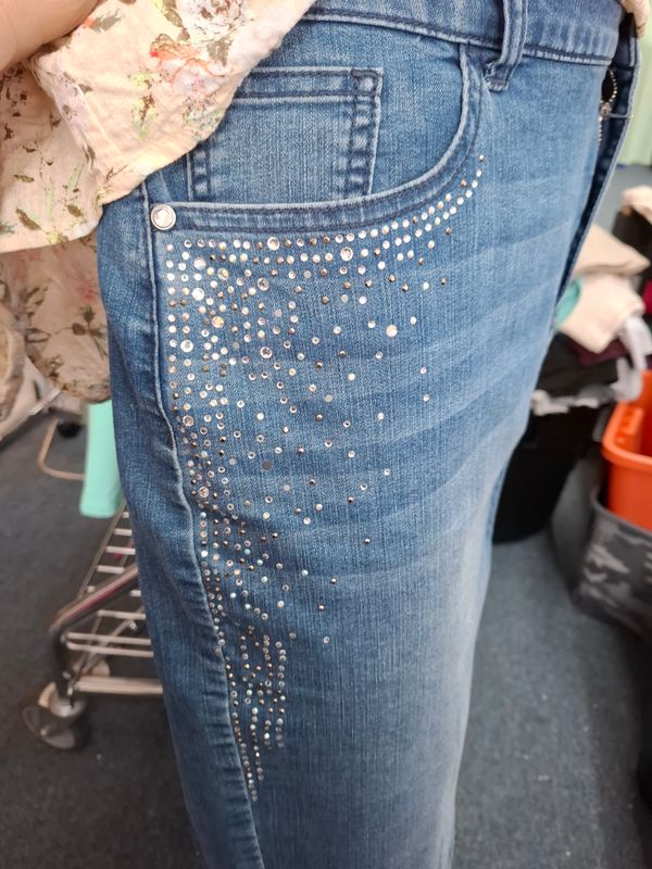 XL Chico's denim midi skirt rhinestones bling 14/16