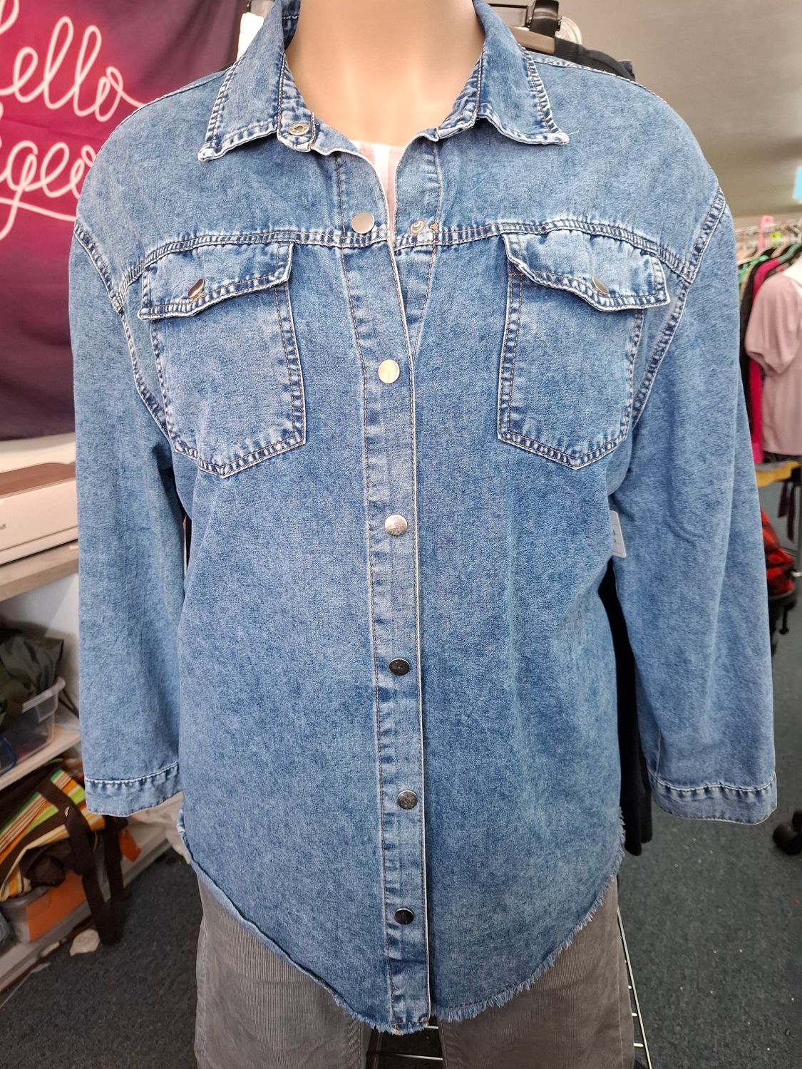 2x Denim snap button longer top jean shirt