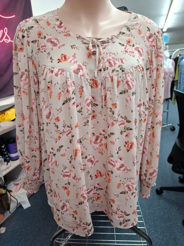 4x Cato floral sheer fall blouse long sleeve tie neck