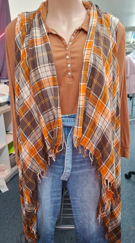 4x Cato plaid long open front fringe vest orange brown fall