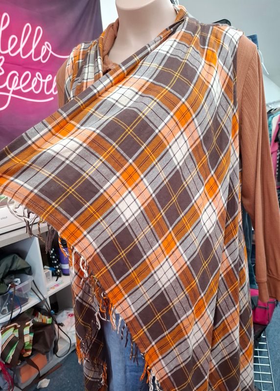 4x Cato plaid long open front fringe vest orange brown fall
