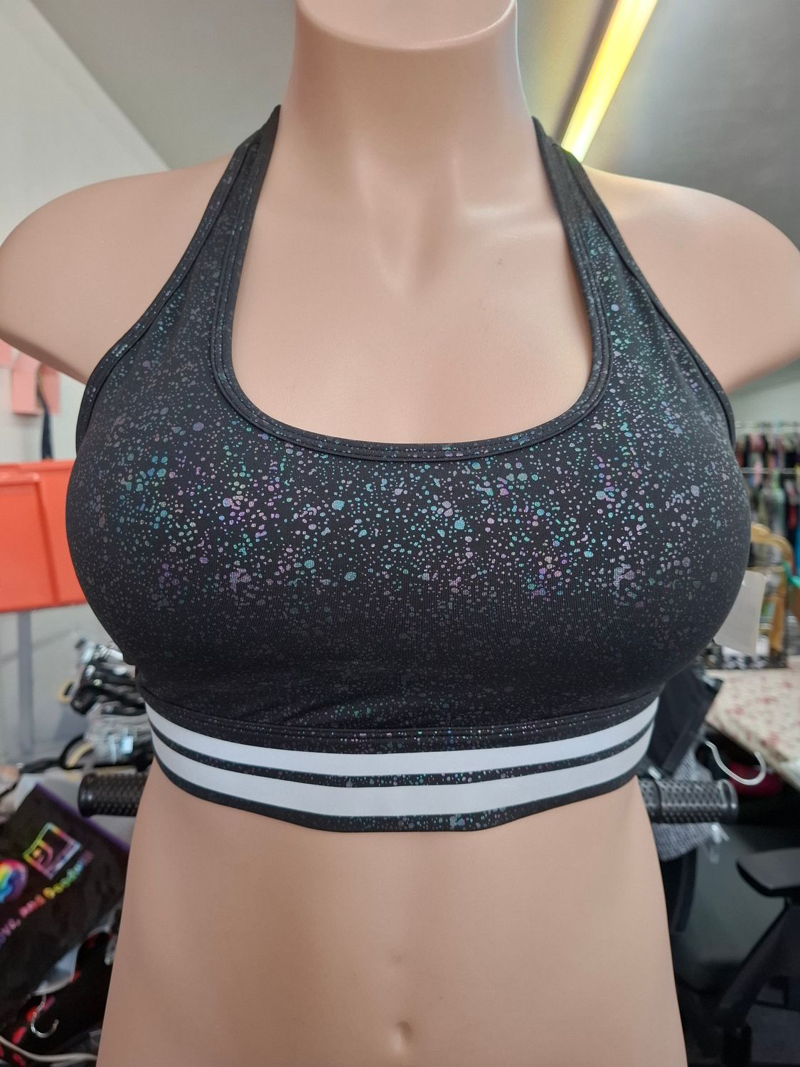 XL Zyia black splatter rainbow dot print sports bra