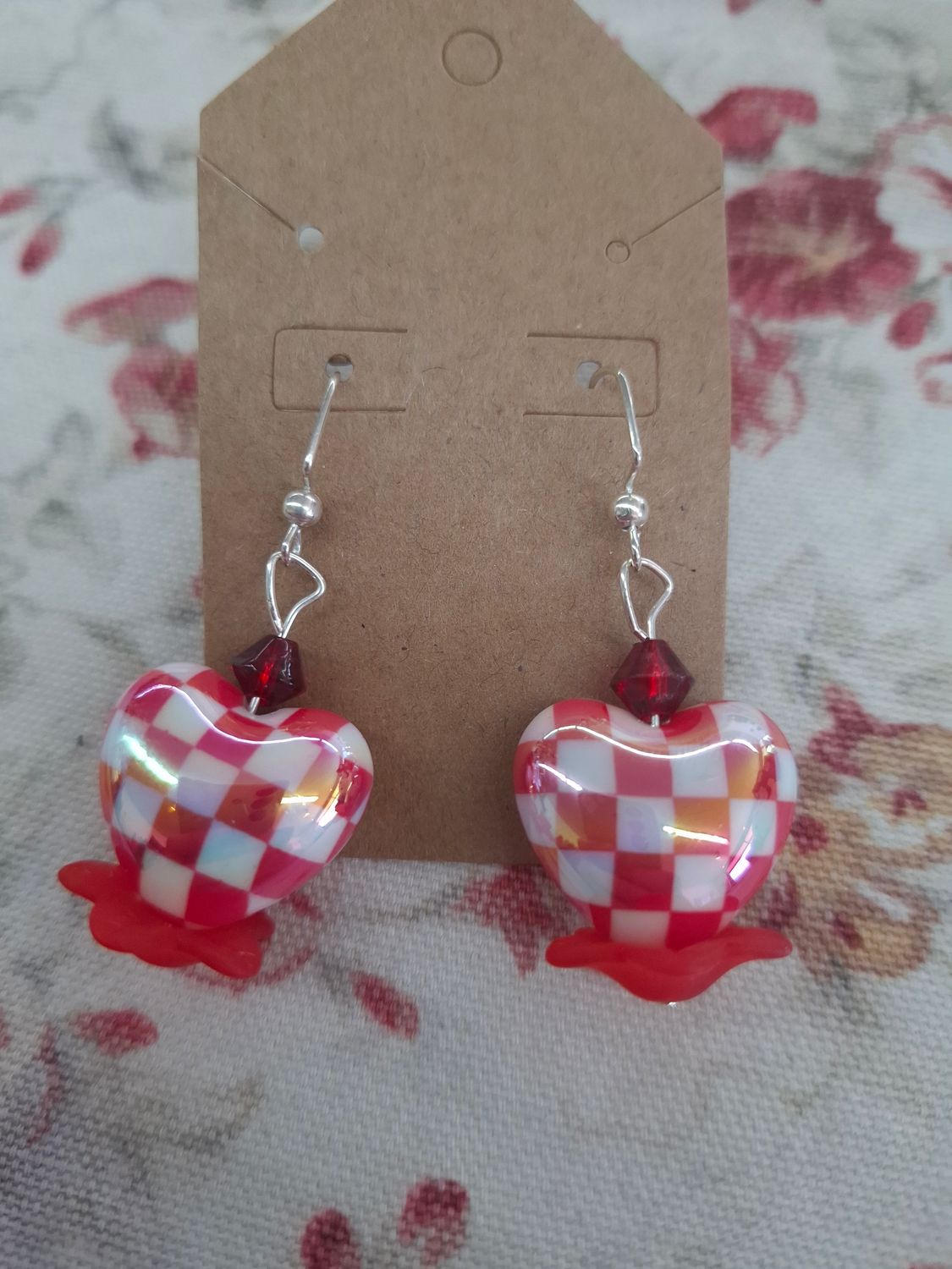 "Let's Dance" red checked heart handmade earrings