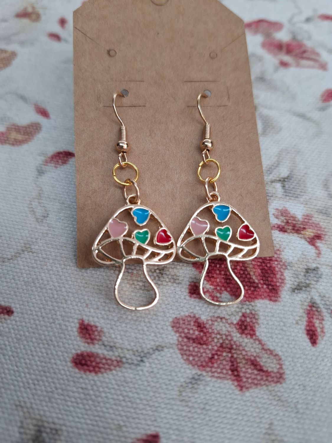 Gold metal mushrooms with hearts handmade earrings