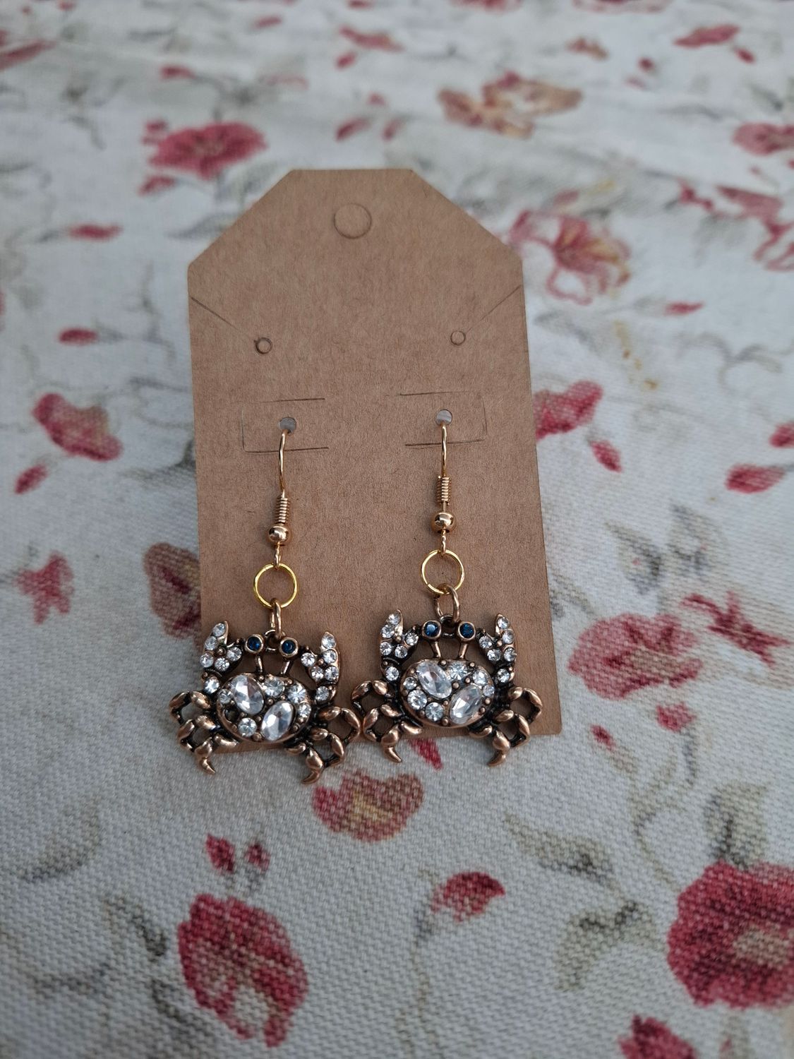 "Crabby" gold and rhinestone crab handmade earrings