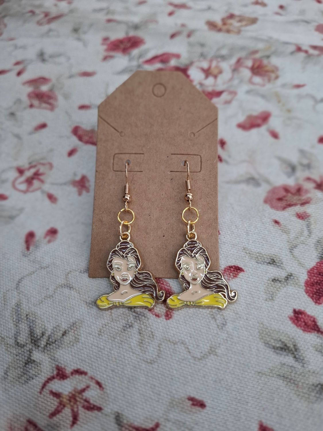 Beauty and the Beast Belle gold enamel handmade earrings