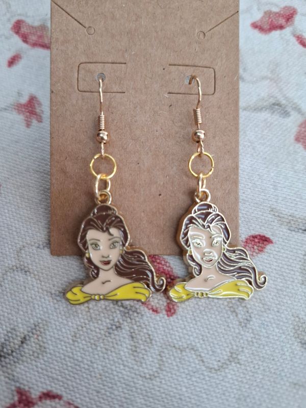 Beauty and the Beast Belle gold enamel handmade earrings