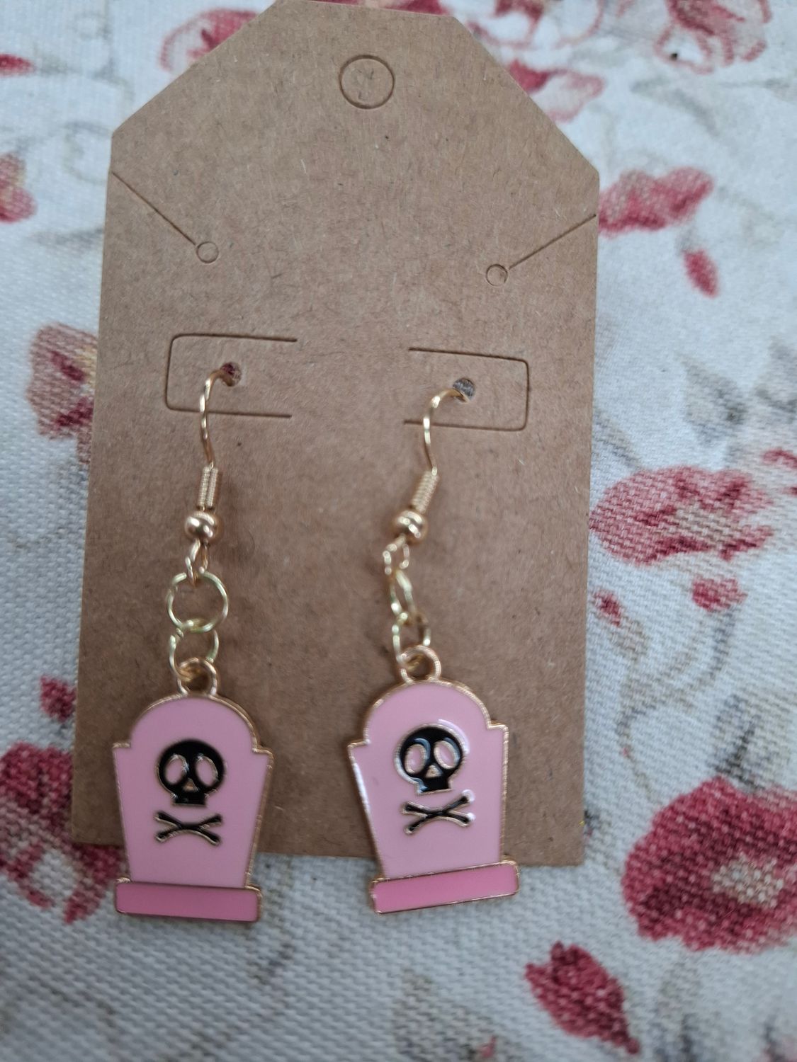 Pink, black and gold Halloween tombstone earrings