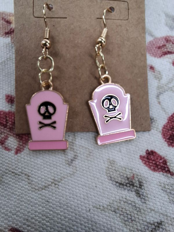 Pink, black and gold Halloween tombstone earrings