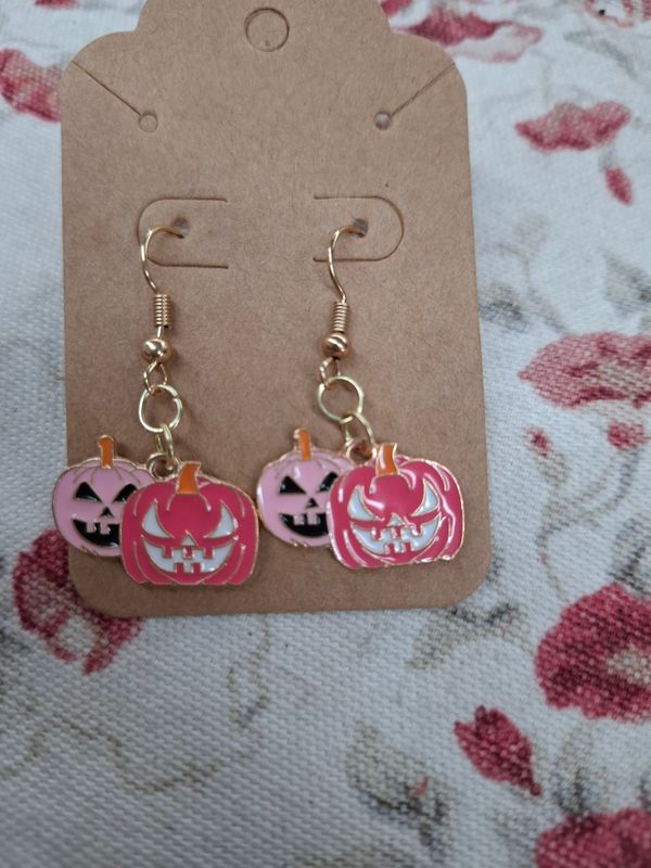 "Pink Pumpkins" Jack O Lantern gold Halloween earrings