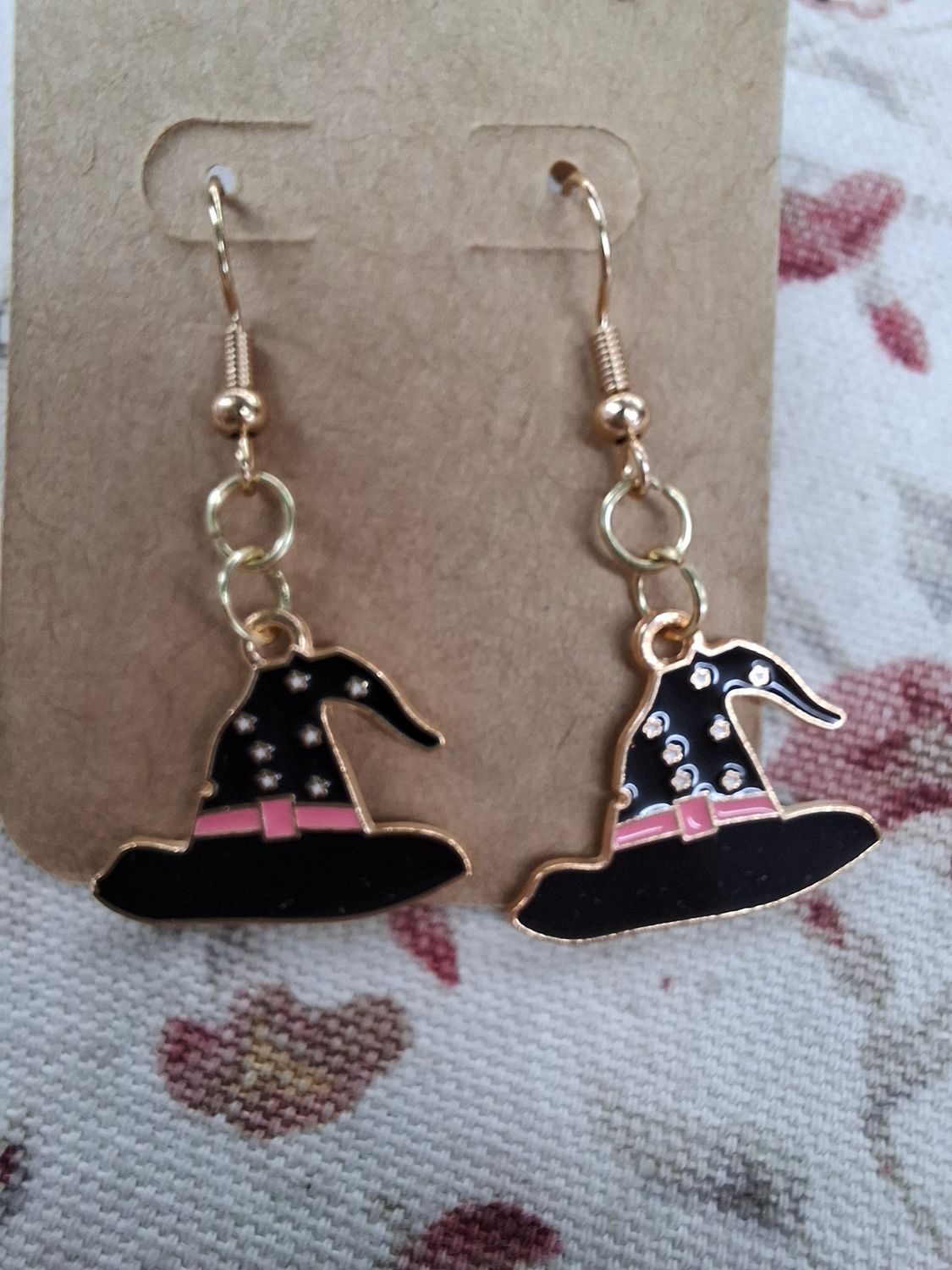 "Witchy Woman" black and pink hats Halloween earrings