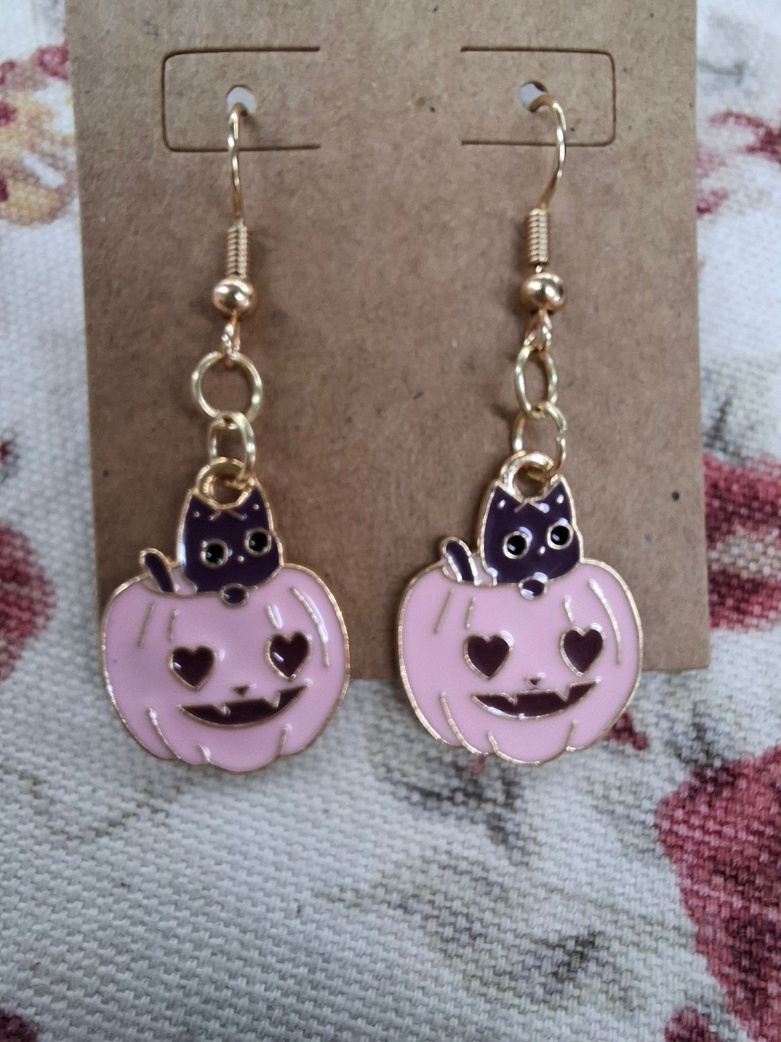 "Kitty Lanterns" pink and purple on gold Halloween earrings