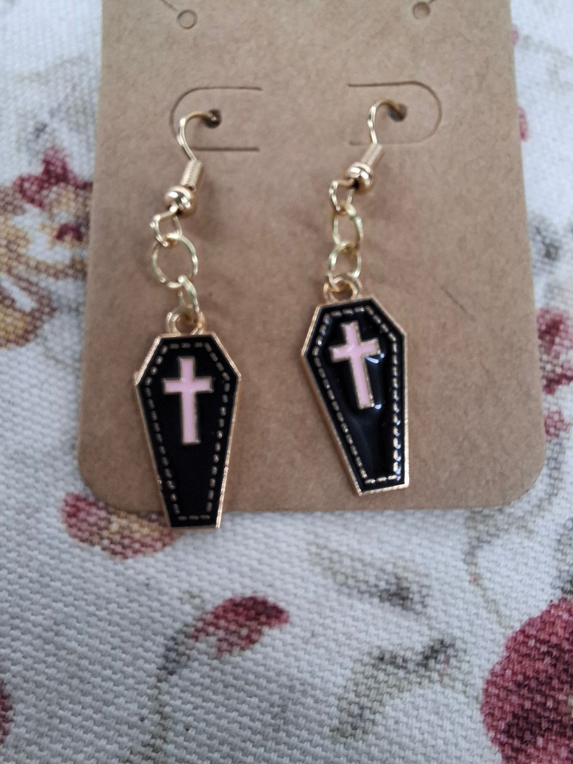 Black, pink and gold cross Halloween coffin earrings