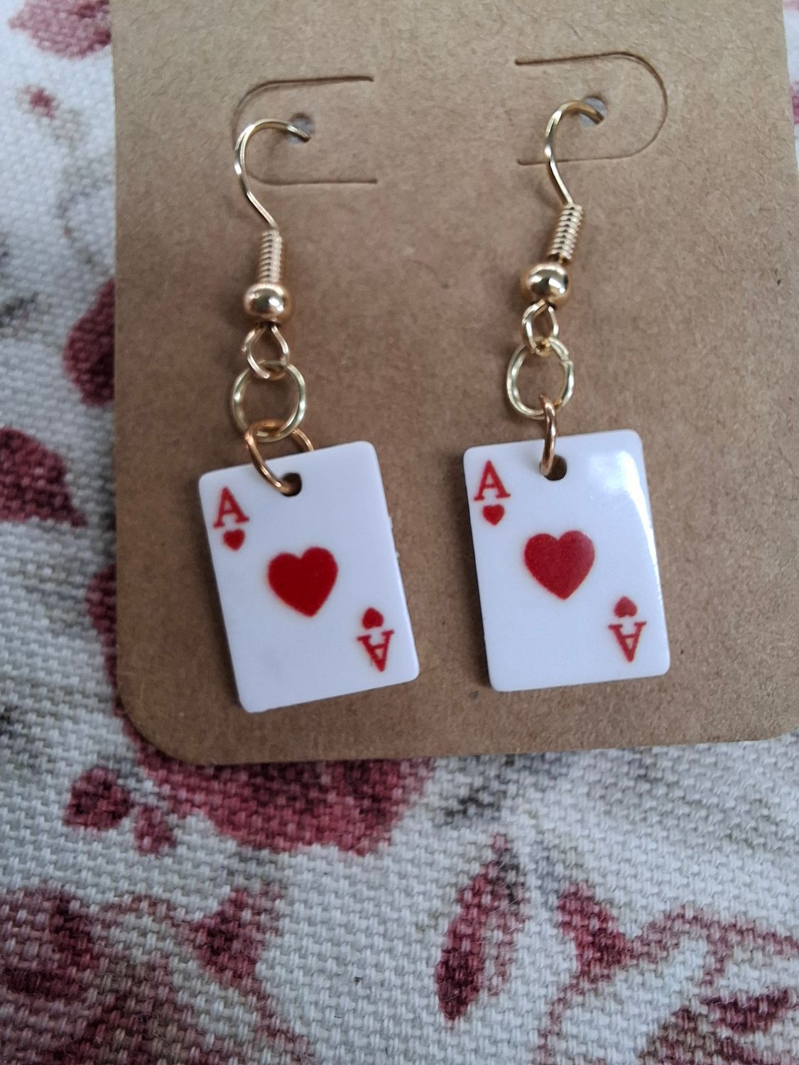 "Ace of Hearts" dainty card earrings on gold