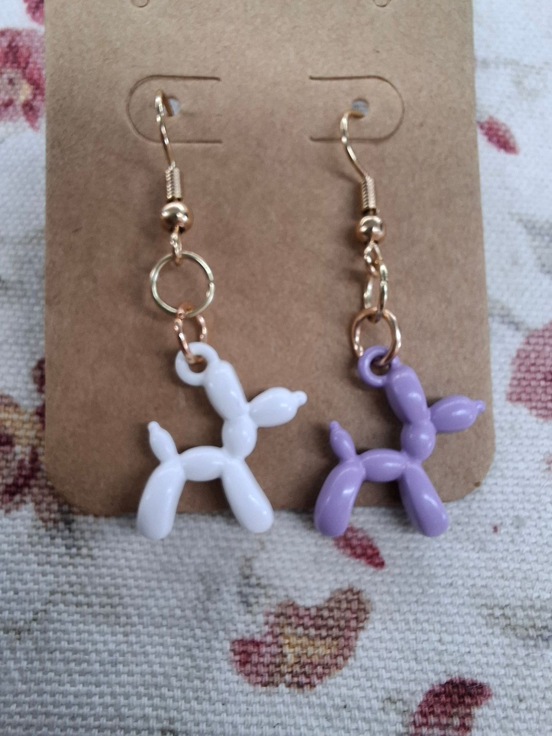 Balloon dog purple white and gold handmade earrings