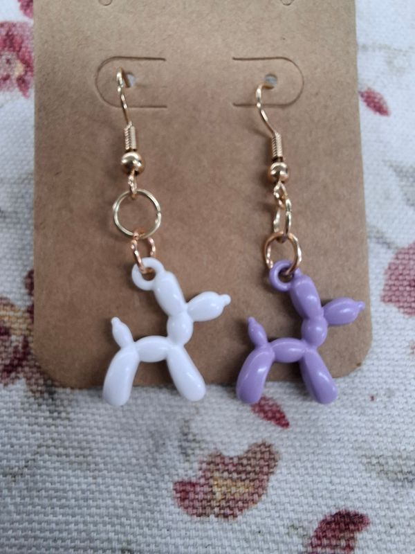 Balloon dog purple white and gold handmade earrings