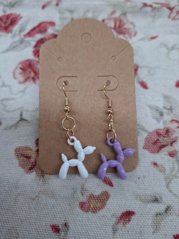 Balloon dog purple white and gold handmade earrings