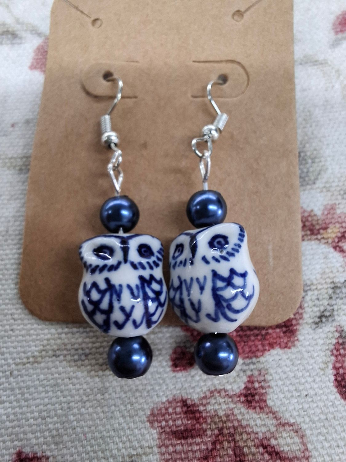 "Who are you" Blue and white owl silver earrings