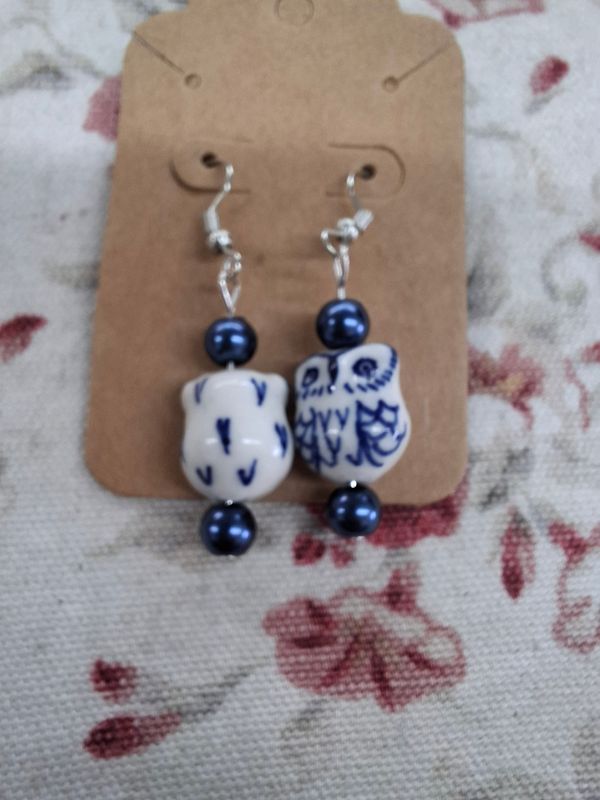 "Who are you" Blue and white owl silver earrings