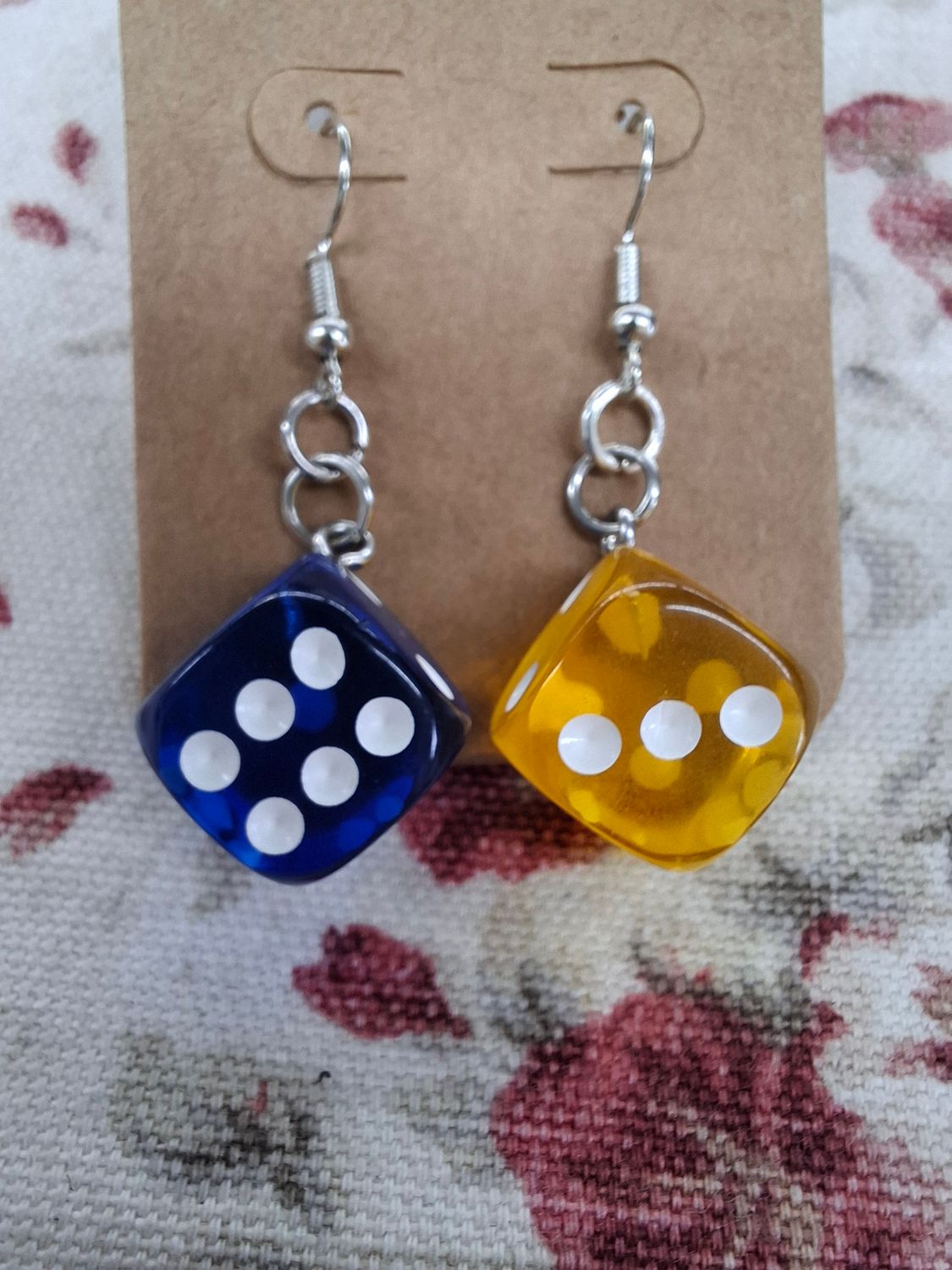 "Dice it up" blue and yellow dice earrings silver