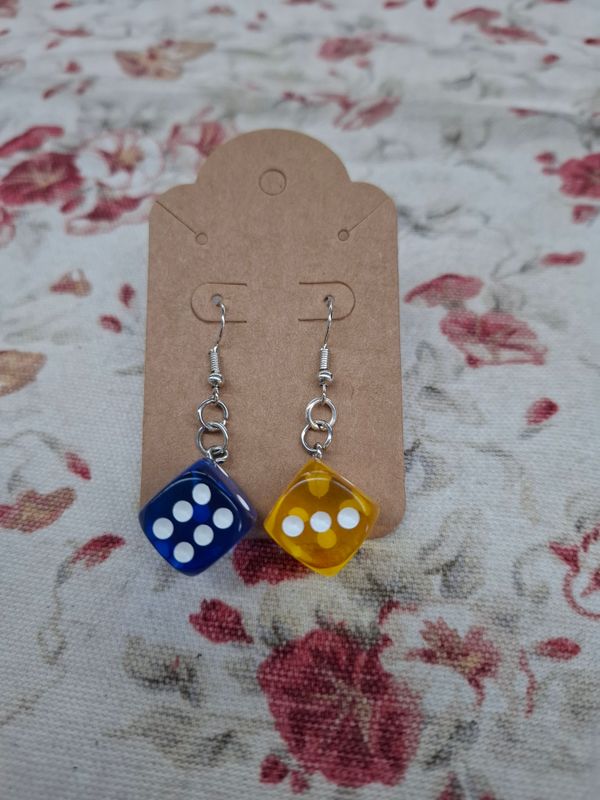 "Dice it up" blue and yellow dice earrings silver
