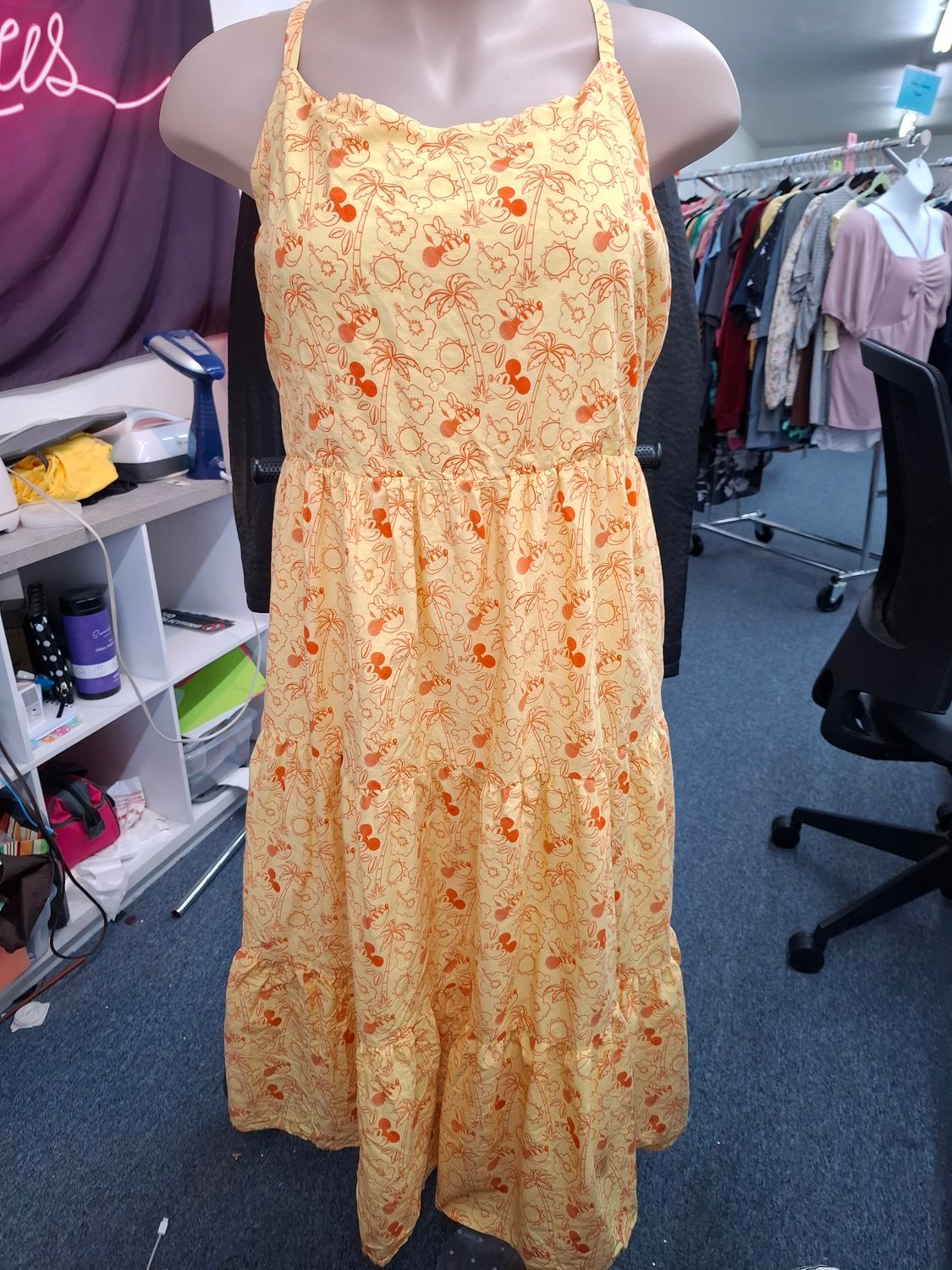 3x Disney yellow Hawaiian Minnie Mouse midi tiered dress