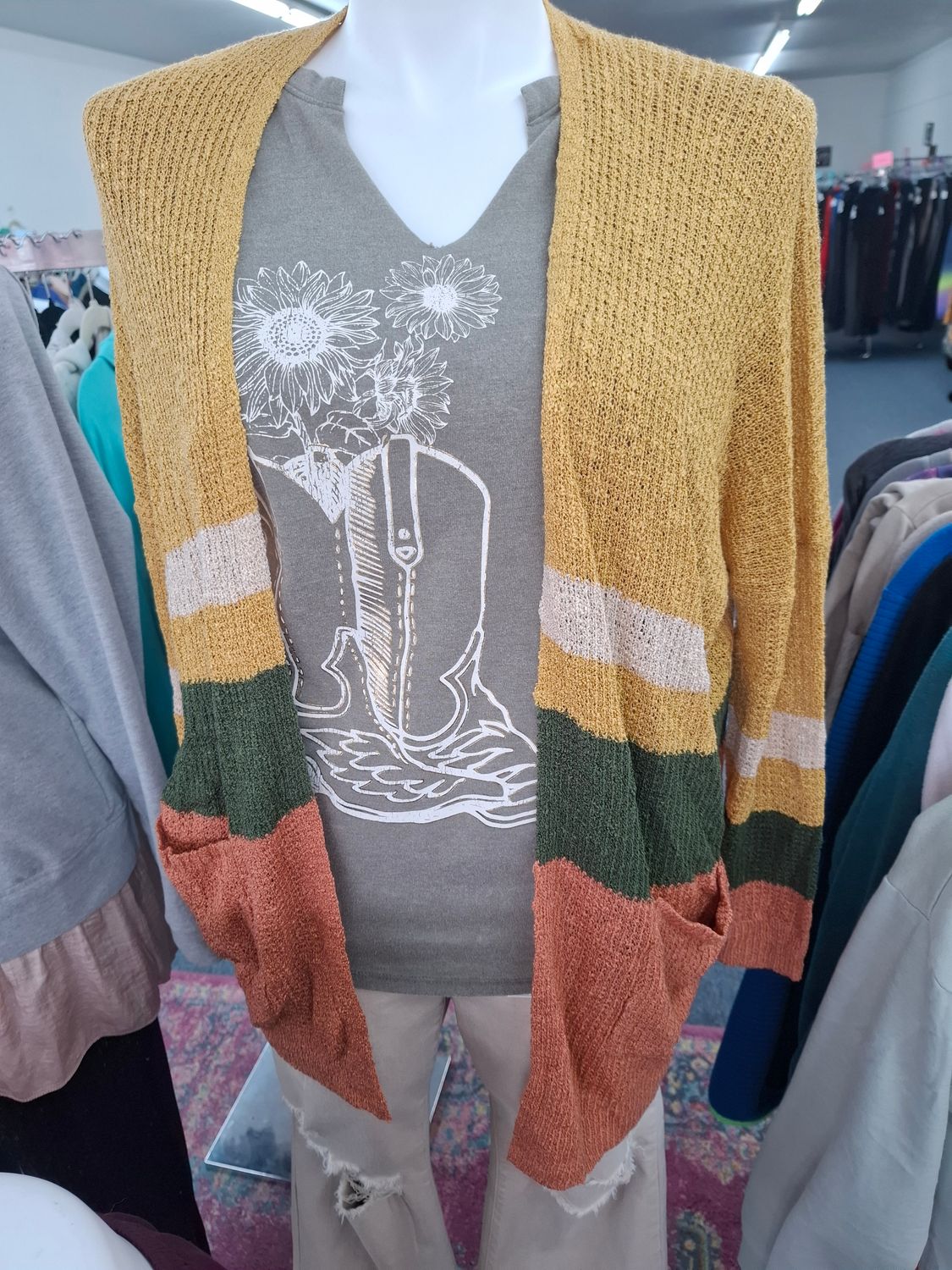 L/XL Cardigan with stripes lightweight long sleeve