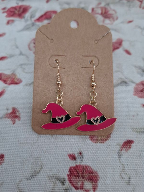 Pink and black witch hats with heart earrings Halloween