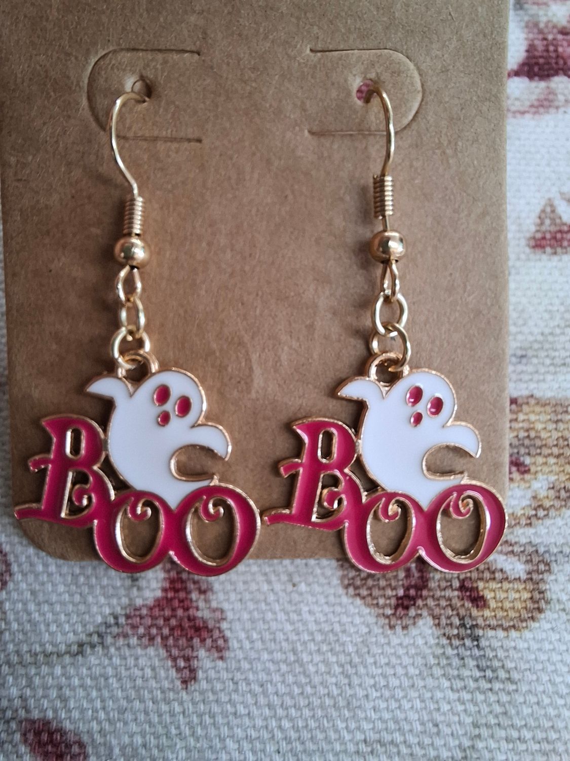 Boo Halloween ghost earrings pink white and gold