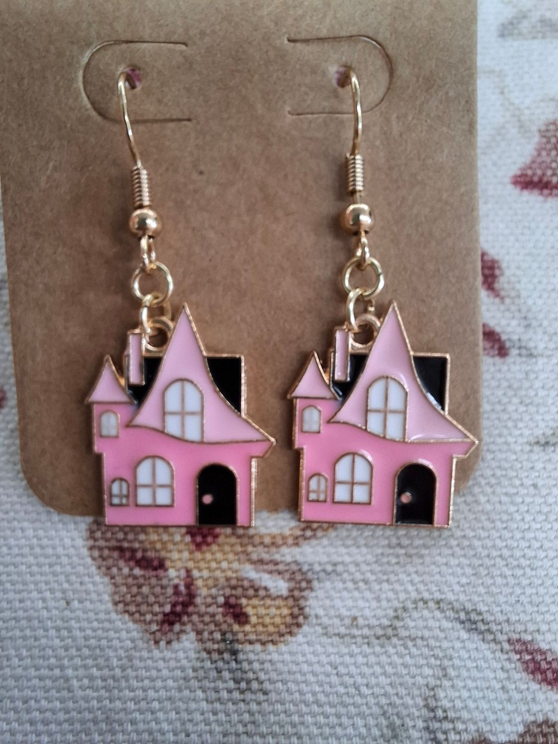 Haunted House Halloween earring pink black and gold