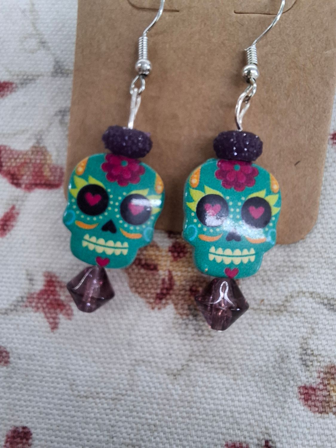 Day of the Dead Sugar skulls green and purple earrings