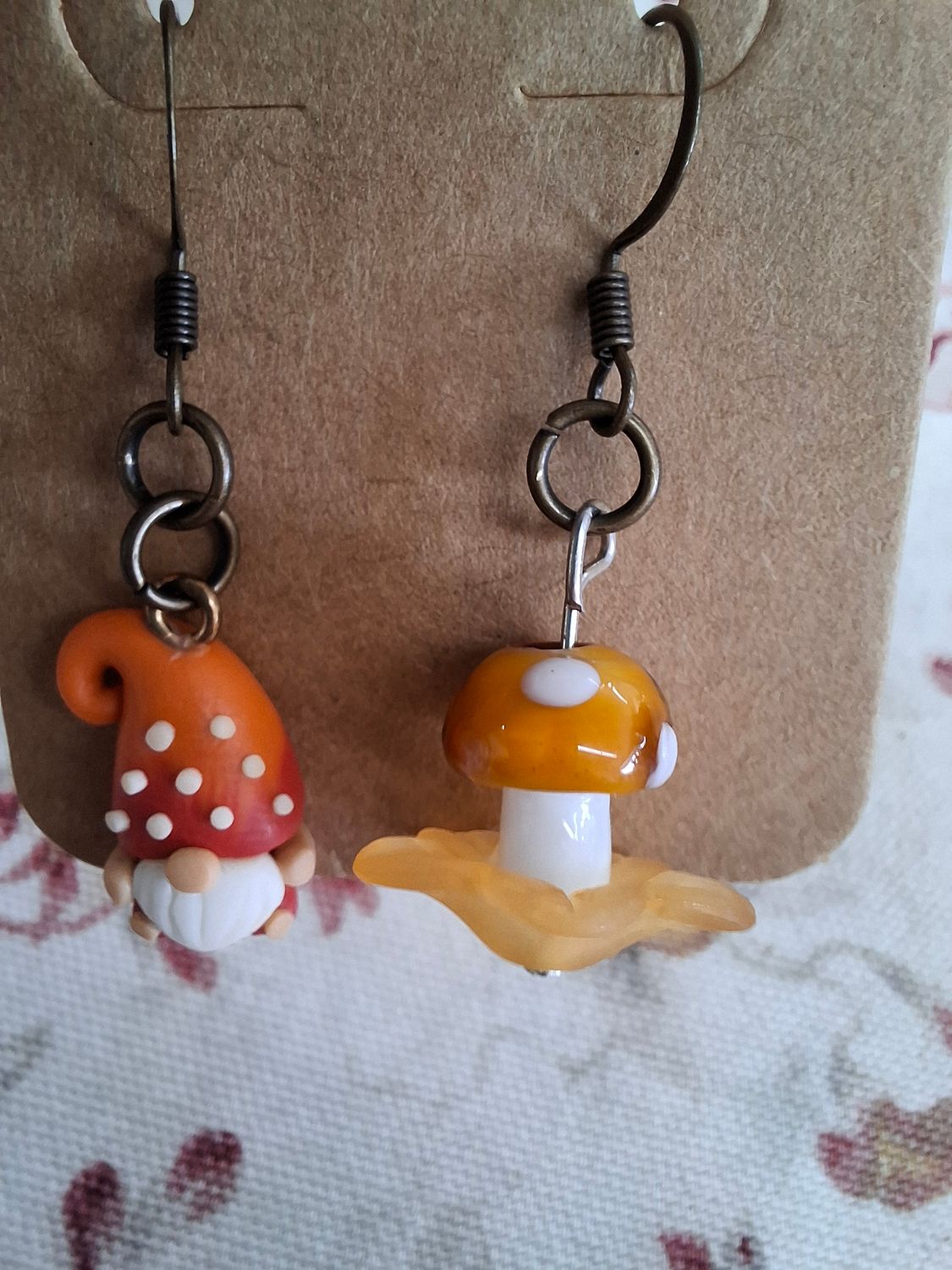 Happy Fall gnome and mushroom mismatched earrings