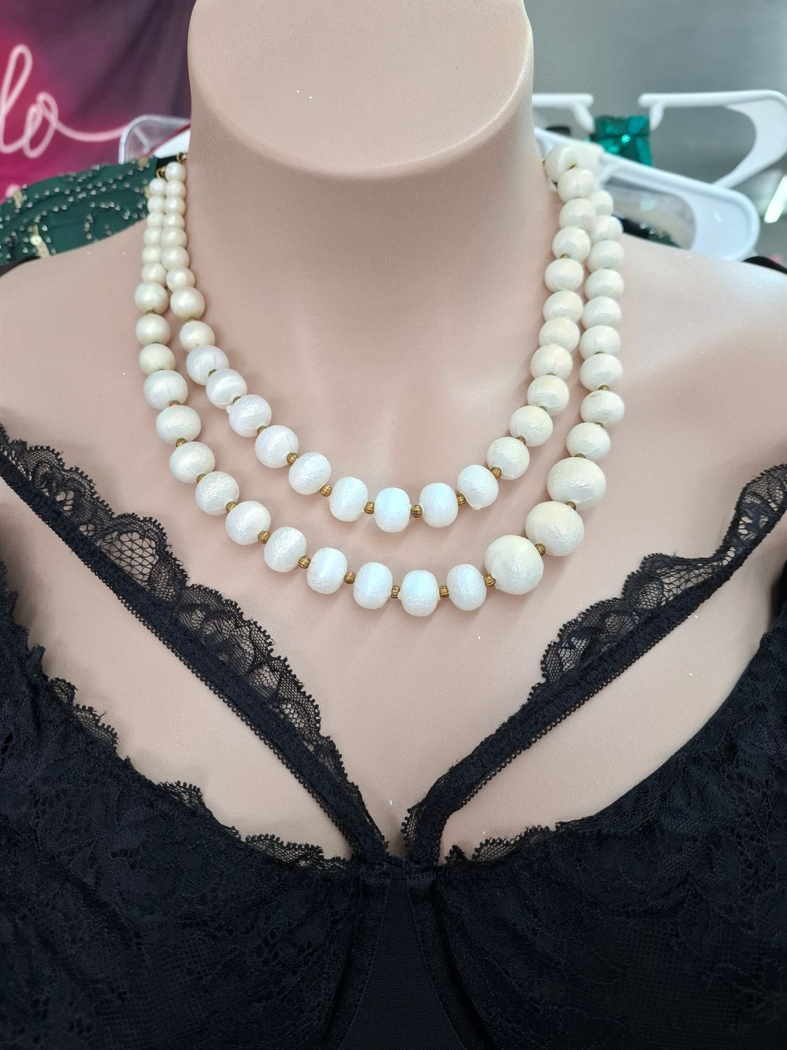 2 Strand vintage white pearl beads with gold
