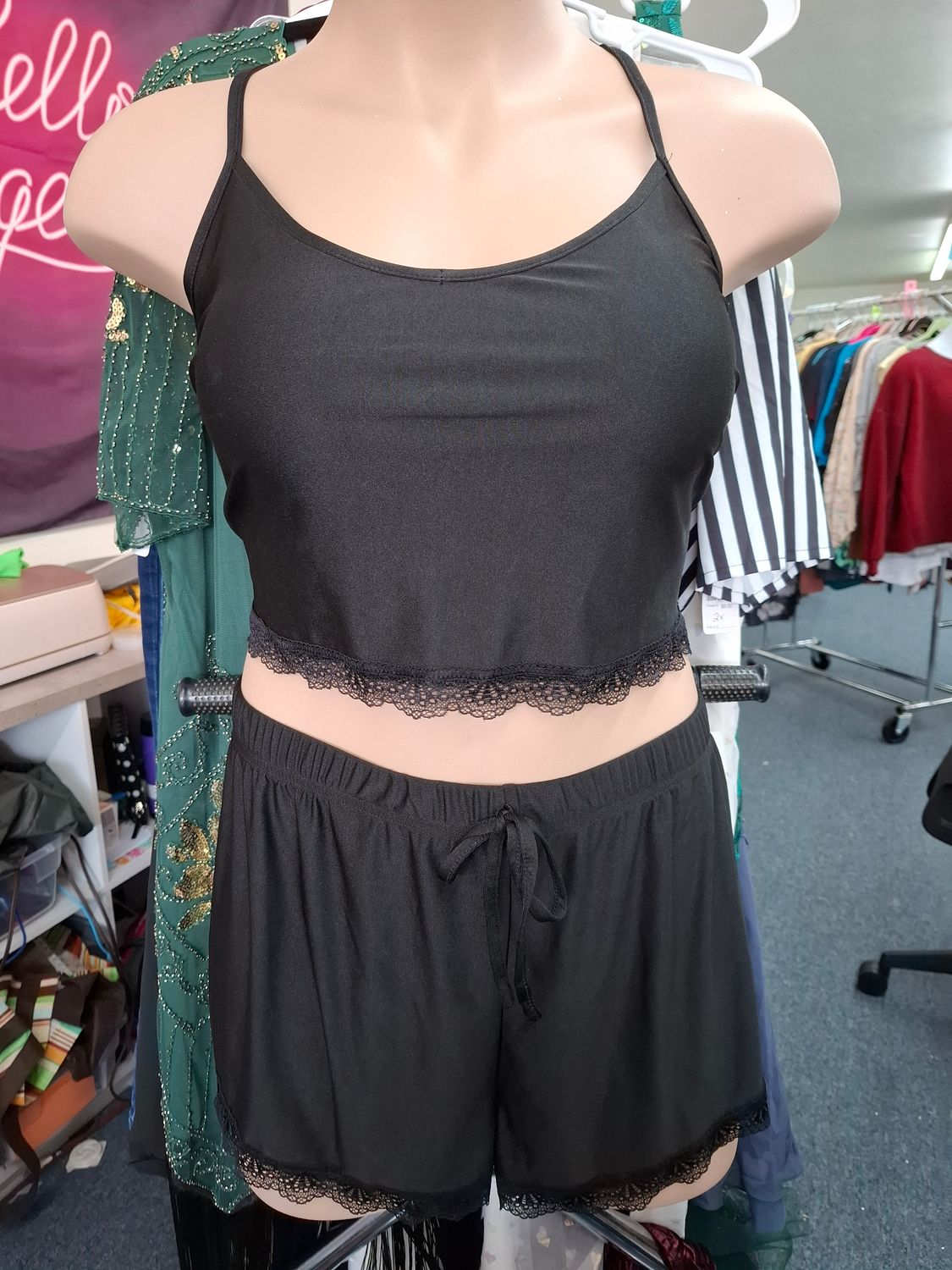 3x 2 piece black lingerie pjs lace trim shorts crop top
