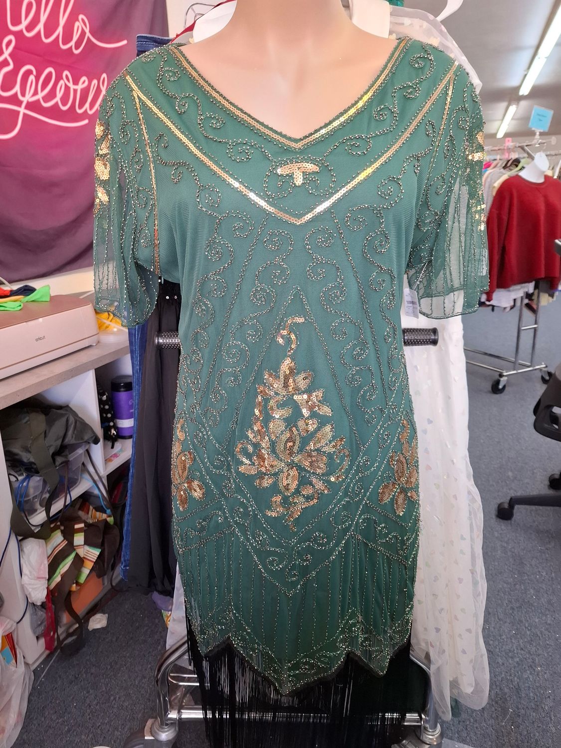 3x green and gold sequin flapper shift dress Halloween costume