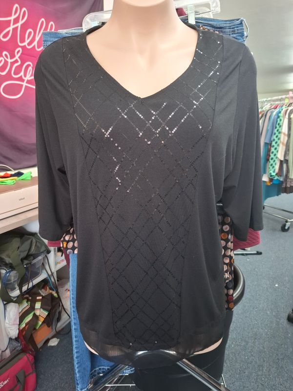 2x Catherines black sequin front tunic top chiffon trim