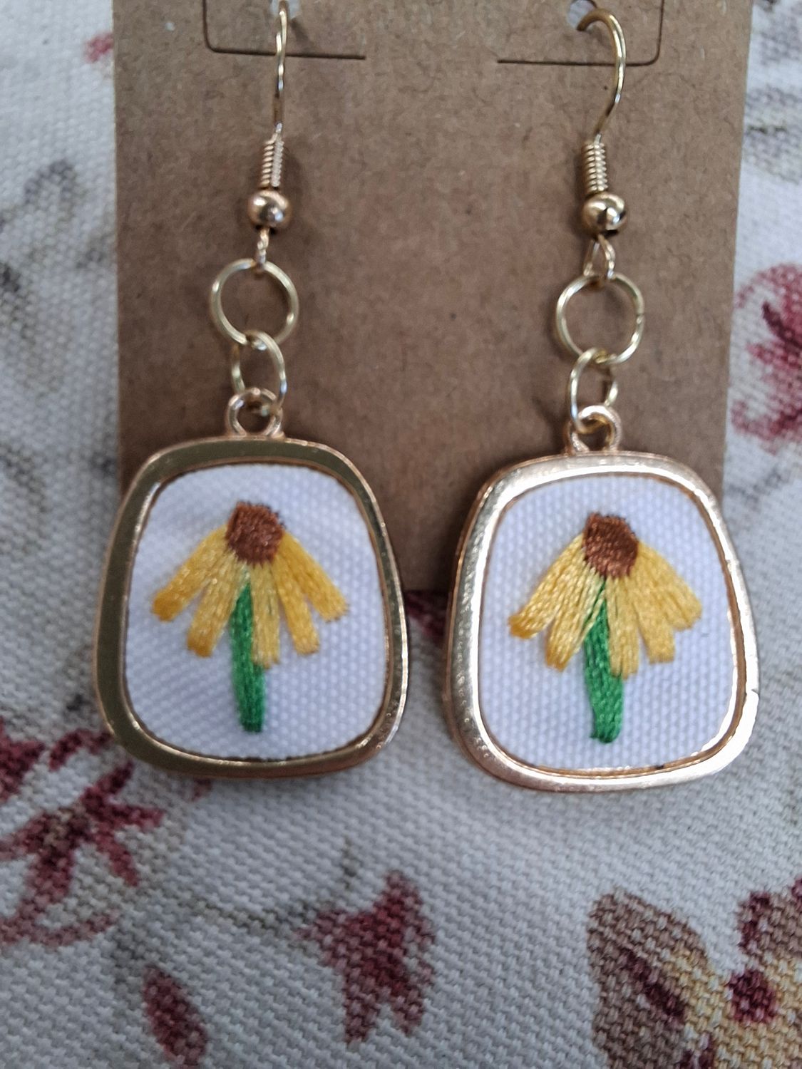 Gold trim embroidered yellow green floral earrings